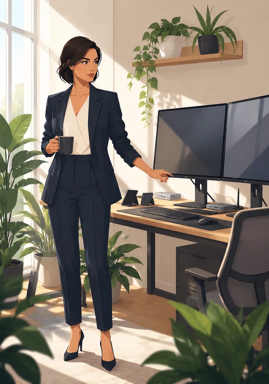 Mara inizia la sua giornata nel suo luminoso studio casalingo, circondata da piante e tecnologia all'avanguardia. Con una tazza di caffè in mano, accende i suoi monitor pronta a trasformare le idee in realtà digitale attraverso il suo lavoro in smart working.