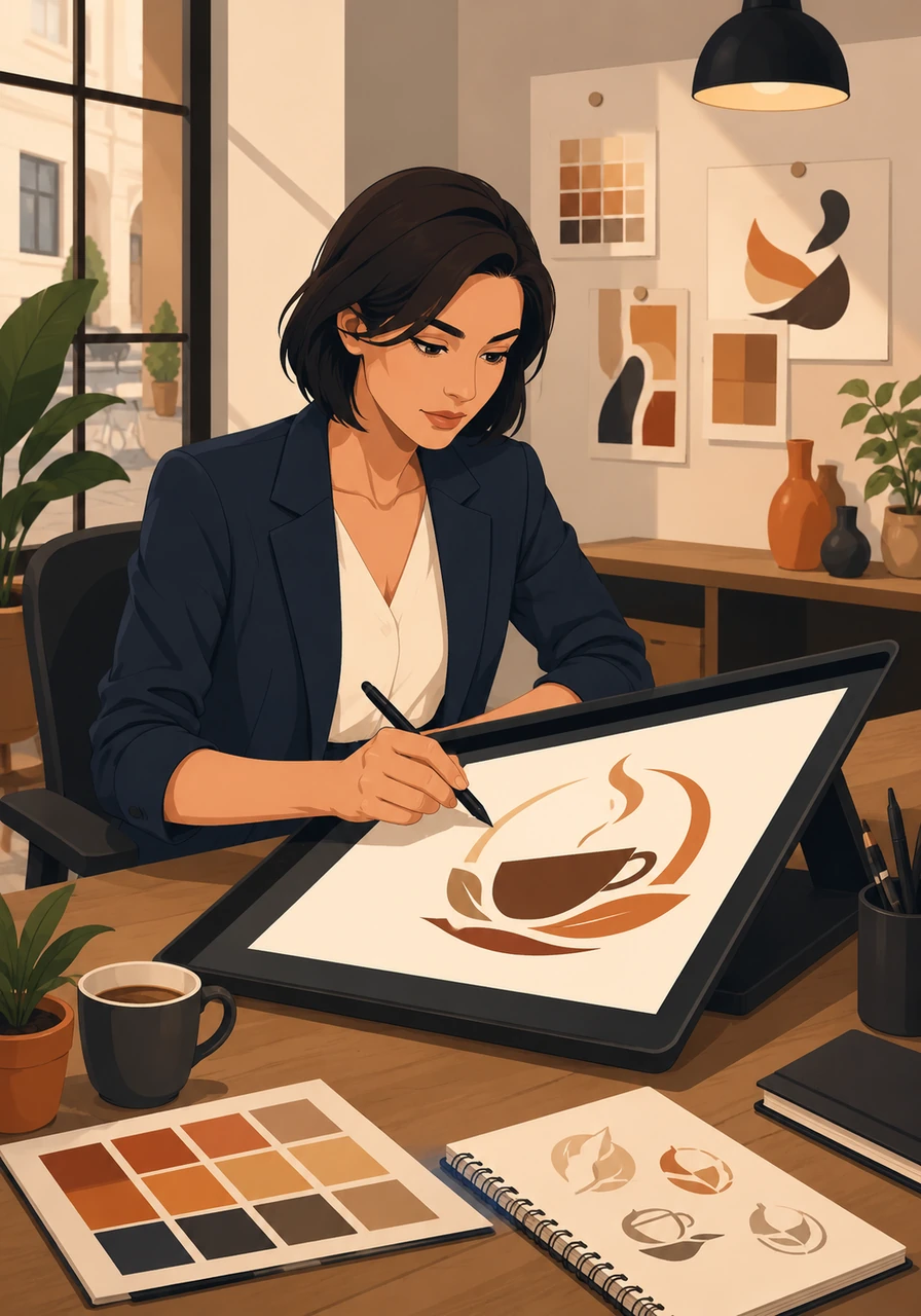 Il primo progetto del giorno è un logo per un nuovo bar del centro, dove Mara combina colori caldi e font eleganti. Ogni linea che traccia sul suo tablet grafico cattura l'essenza accogliente del locale, creando un'identità visiva unica e memorabile.
