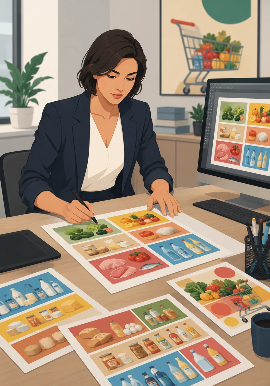 Successivamente, Mara si dedica all'impaginazione di volantini per un grande supermercato, puntando sulla massima chiarezza e ordine visivo. Grazie al suo tocco professionale, le offerte settimanali diventano facili da leggere e visivamente invitanti per tutti i clienti.