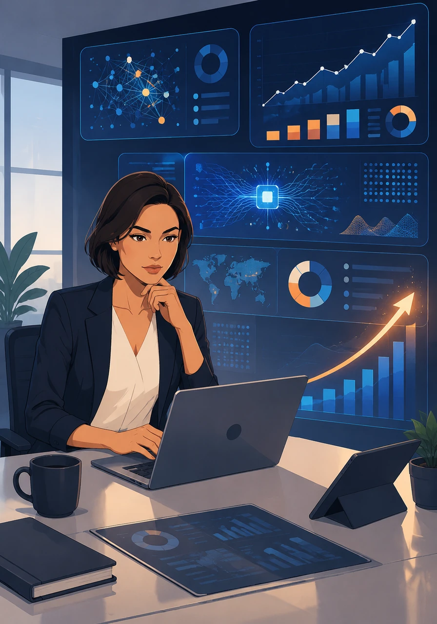Seduta davanti a grafici complessi, Mara utilizza algoritmi di IA per interpretare i dati di vendita dei suoi clienti e trovare opportunità di crescita nascoste. Trasforma numeri freddi in strategie visive potenti che guidano le decisioni aziendali verso un successo garantito.