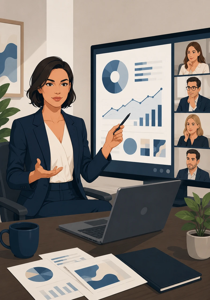 Durante una videochiamata professionale, Mara presenta i suoi risultati ai clienti mostrando come il design basato sui dati possa fare la differenza nel mercato moderno. La sua sicurezza e competenza ispirano fiducia, dimostrando il valore di un approccio che unisce arte e analisi.