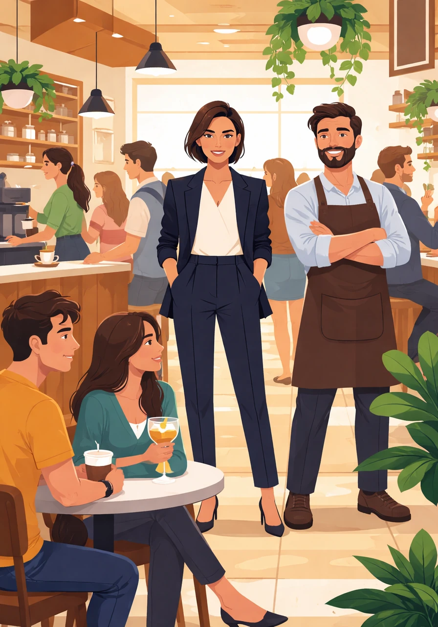Grazie al nuovo logo creato da Mara, il bar locale vede un incredibile aumento di nuovi clienti attratti dalla nuova immagine fresca e moderna. Il proprietario sorride orgoglioso mentre il locale si riempie di vita, testimoniando l'efficacia del lavoro della designer.