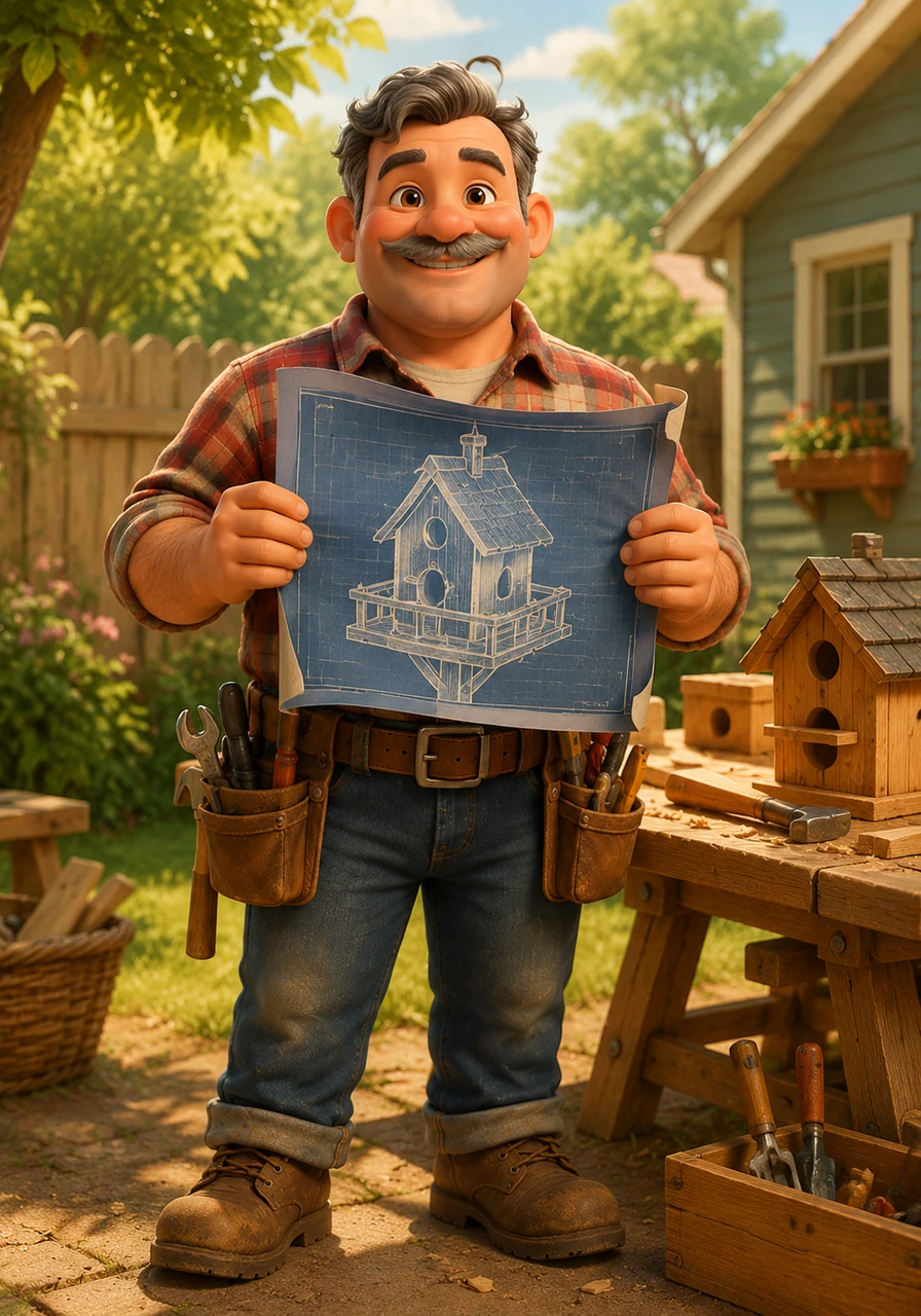 Papa Pete stands in his sun-drenched backyard, proudly holding a blueprint for a grand birdhouse. He wears a dusty tool belt over his plaid shirt, looking ready to conquer his big Saturday project with a determined smile.