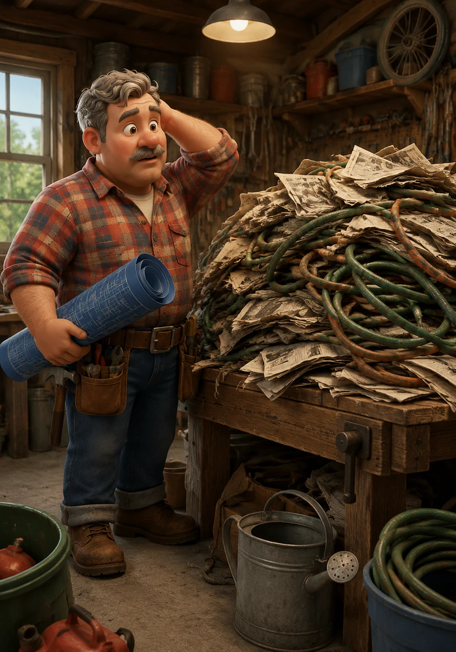 Inside the cluttered garage, Papa Pete discovers his workbench is hidden beneath a mountain of old newspapers and tangled garden hoses. He sets his blueprints aside, realizing he must clear the mess before any real work can begin.