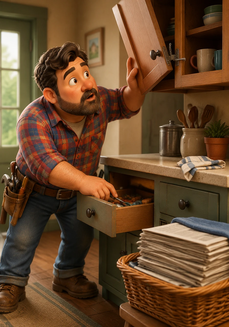 As he stacks the newspapers, Papa Pete spots a cabinet door hanging precariously by a single, loose screw. He forgets all about the cleaning and begins searching for a screwdriver to fix the wobbly hinge immediately.