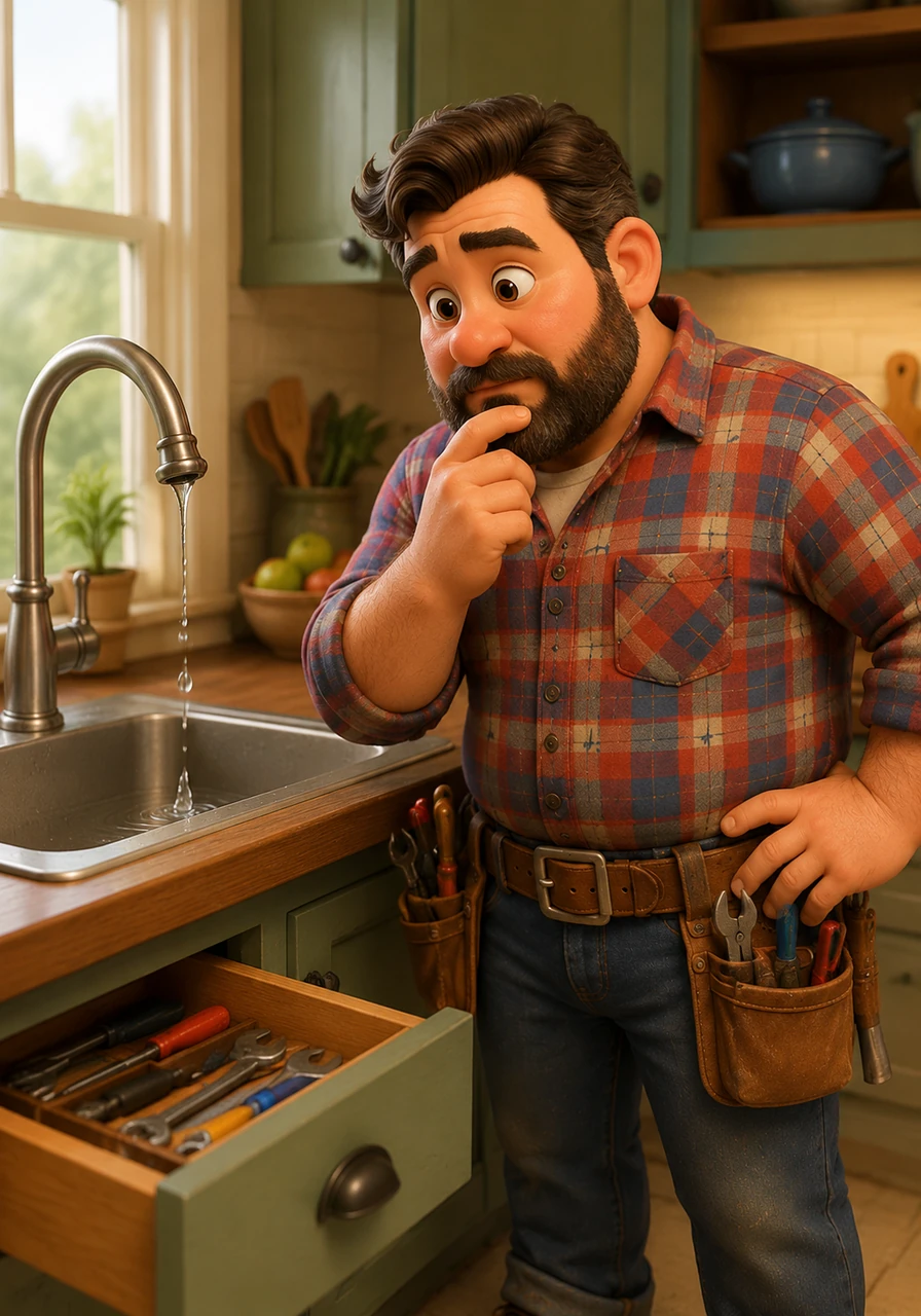 He heads into the kitchen to check the utility drawer, but the rhythmic drip-drip-drip of a leaky faucet stops him in his tracks. He decides the birdhouse can wait while he tackles the annoying plumbing problem right then and there.