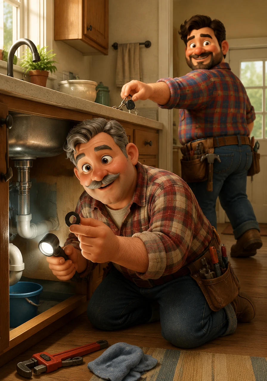 While peering under the kitchen sink with a flashlight, Papa Pete realizes he needs a new rubber washer from the hardware store. He grabs his car keys from the counter, determined to make a very quick trip to get the part.