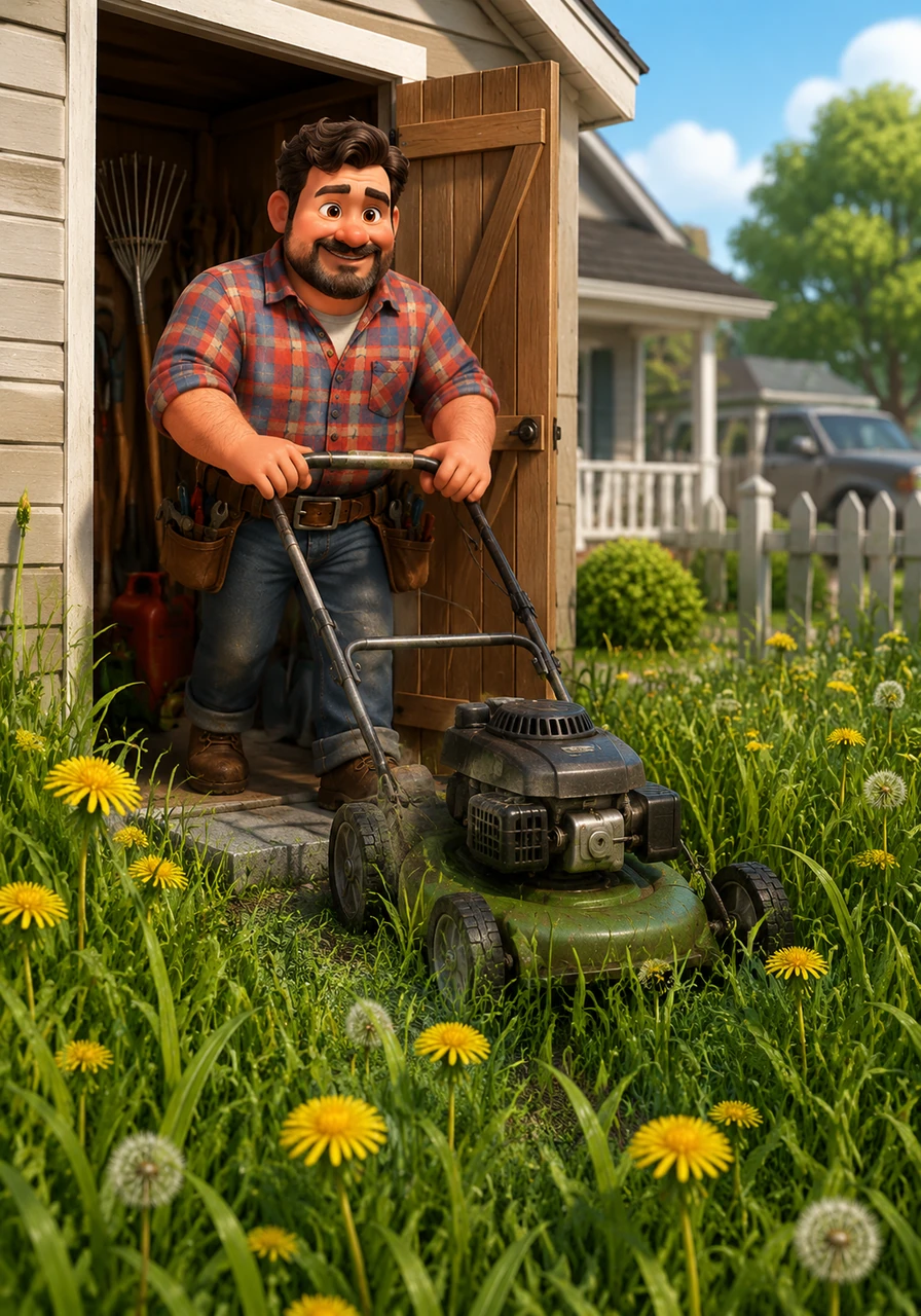 On his way to the driveway, Papa Pete notices the lawn has grown into a miniature jungle of tall grass and yellow dandelions. He pulls the lawnmower out of the shed, thinking a five-minute trim is exactly what the yard needs before he leaves.