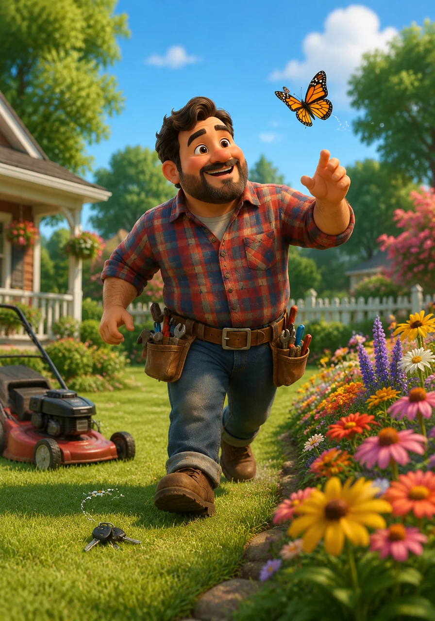 Before he can start the engine, a vibrant monarch butterfly flutters past his nose and leads him toward the colorful flower beds. Papa Pete follows the winged visitor, completely forgetting about the lawnmower and his car keys in the grass.
