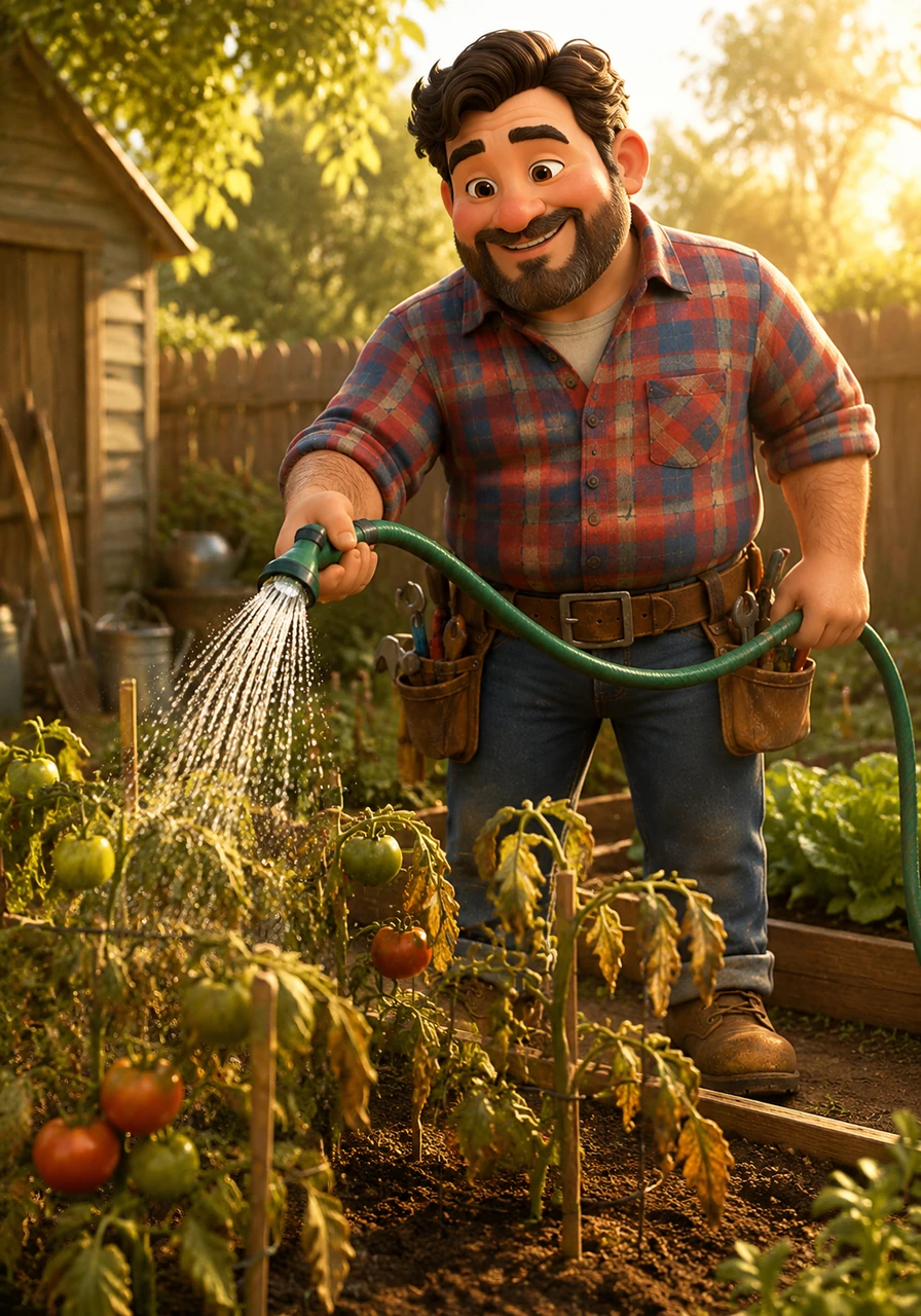 In the garden, he sees that the tomato plants are wilting under the warm afternoon sun. He picks up the green garden hose and begins to give the thirsty vegetables a refreshing soak, watching the water sparkle in the light.