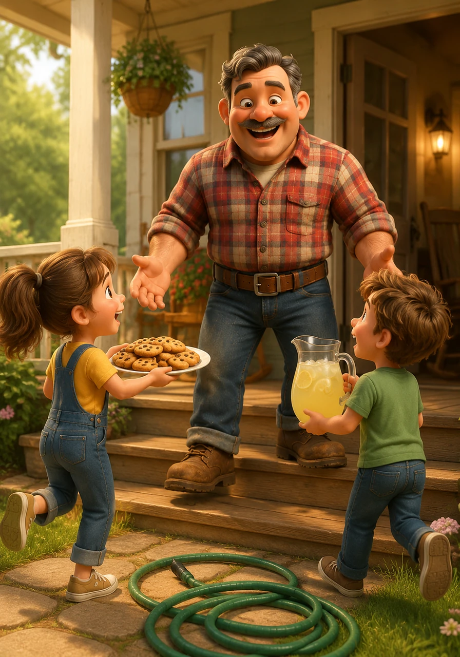 His children come running outside with a plate of chocolate chip cookies and a pitcher of cold lemonade. Papa Pete drops the hose and joins them on the porch, laughing as they share treats and talk about their favorite parts of the day.