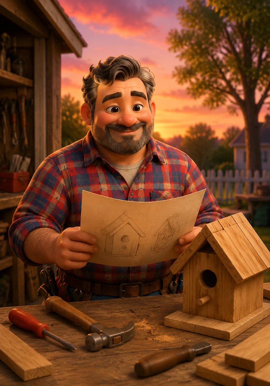 As the sky turns shades of pink and orange at sunset, Papa Pete looks at his unfinished birdhouse plans and smiles warmly. Although the project isn't done, he realizes that a day filled with small fixes and family moments is the best project of all.