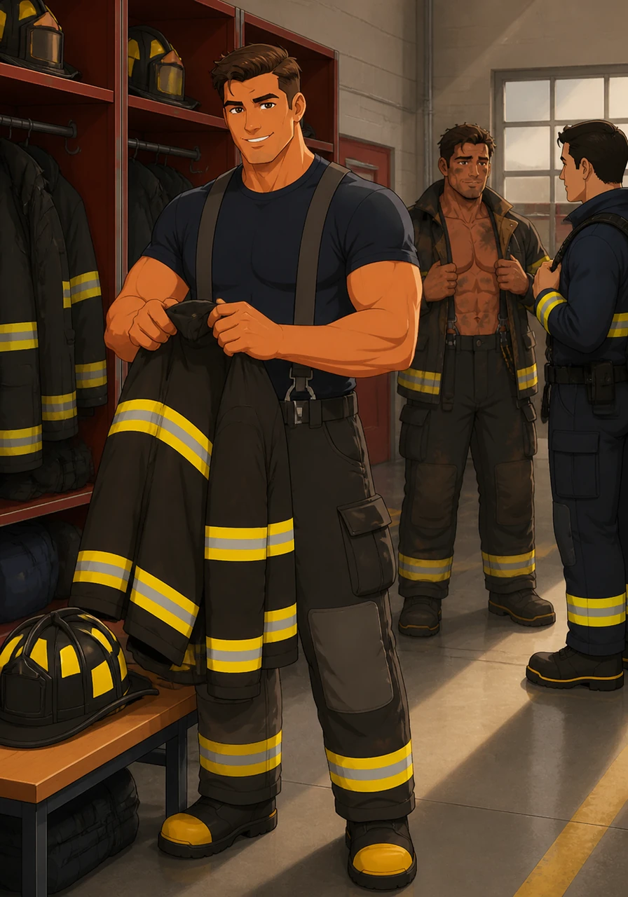 Jaxson Miller, a broad-shouldered firefighter with a kind smile, prepares for his shift at the station. He checks his gear with precision, his muscles rippling under his uniform as he readies himself for whatever the day brings.
