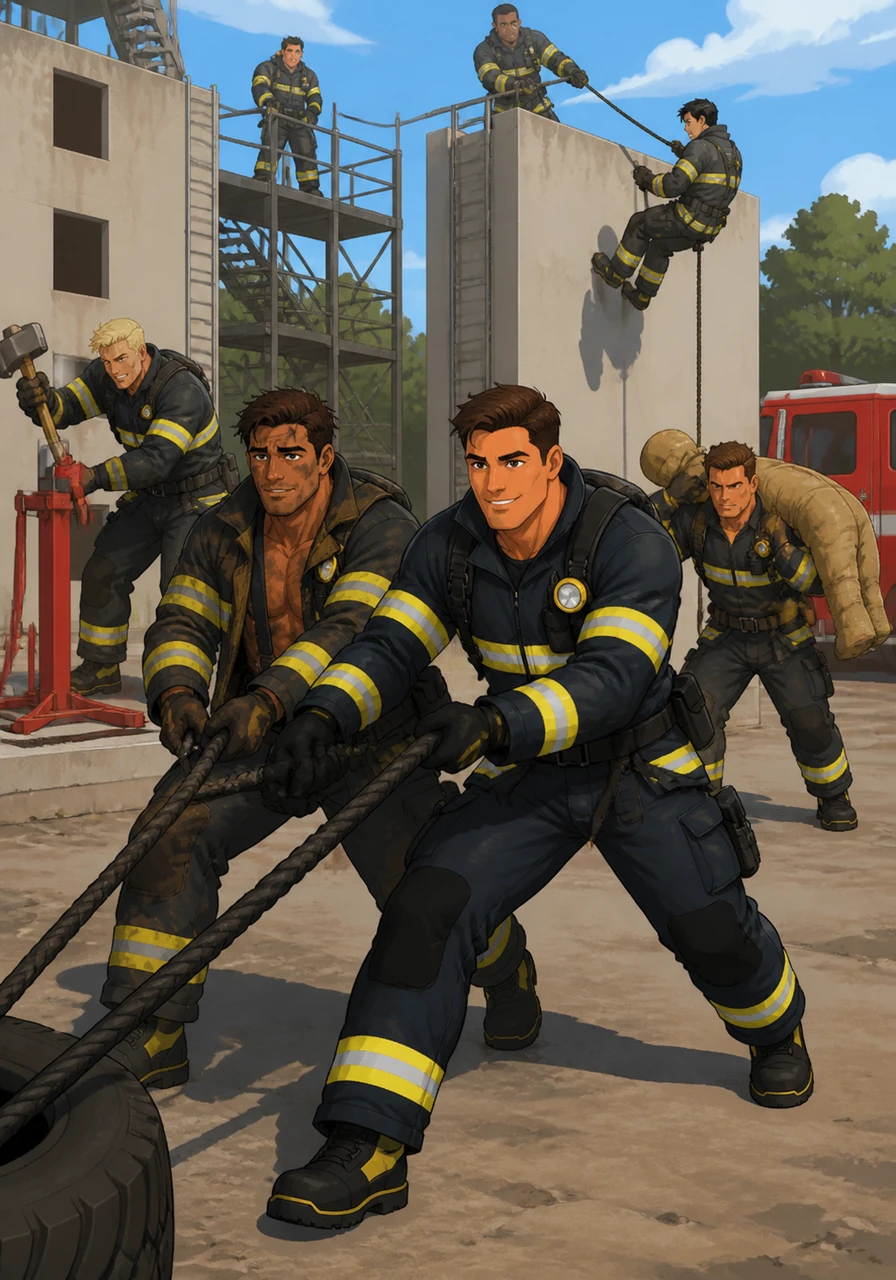 In the training yard, Jaxson and his teammates—a group of equally strong and athletic men—practice a high-intensity rescue drill. They work in perfect harmony, their bond forged through sweat, mutual respect, and shared dedication to their city.