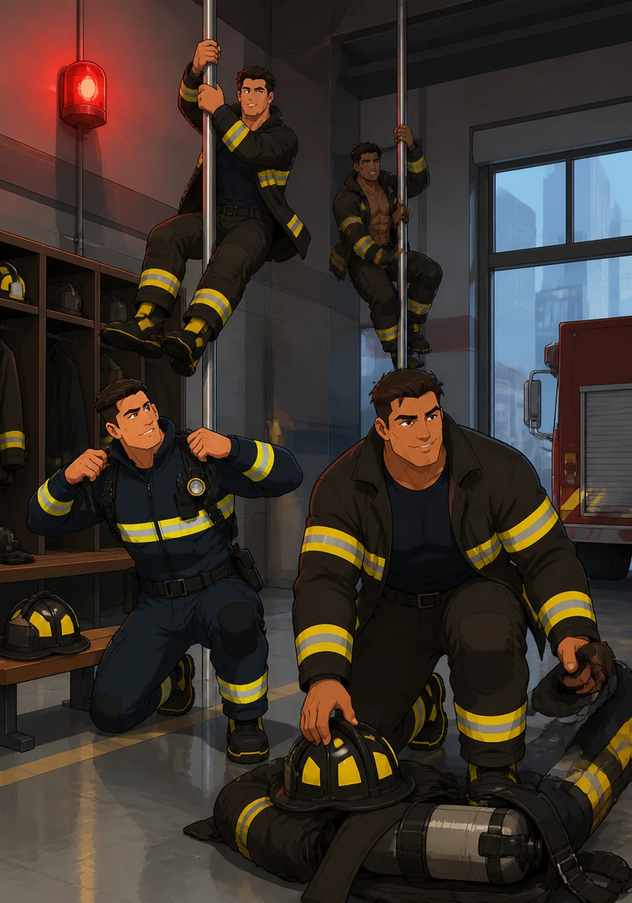 Suddenly, the alarm blares through the station, signaling a major emergency at a nearby downtown high-rise. The team leaps into action, sliding down the poles and suiting up with practiced speed as adrenaline begins to surge.