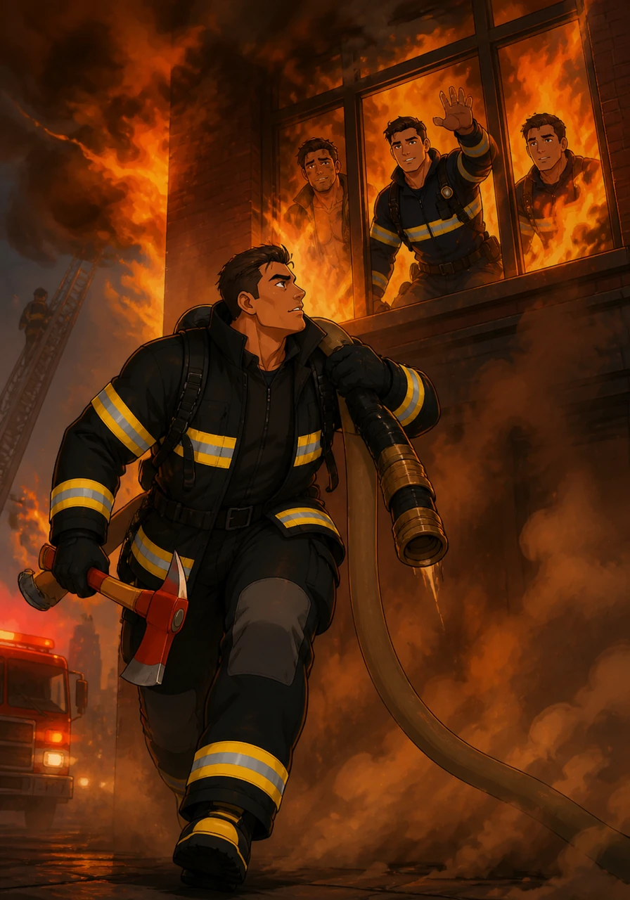 Jaxson’s heart sinks when he realizes his closest friends are trapped on the upper floors. Without a second thought, he grabs his axe and heavy hose, charging into the roaring flames while the world outside becomes a blur of sirens and heat.