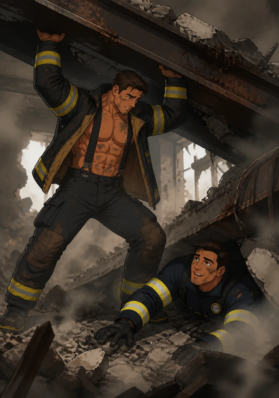 Inside the crumbling building, Jaxson navigates through the blinding smoke, his strength tested by falling debris. He finds his fellow teammate, Leo, pinned under a fallen beam and uses his incredible power to lift the heavy steel, freeing his friend.