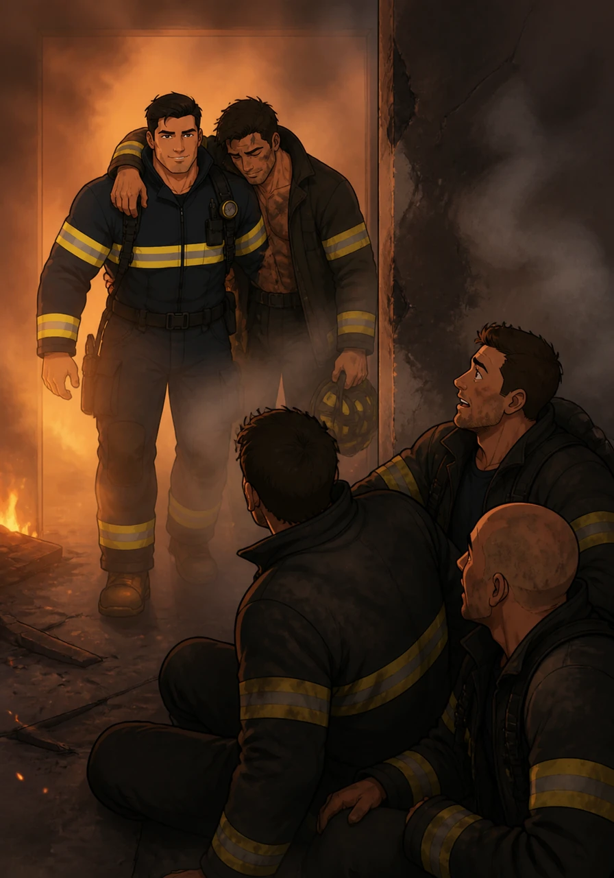 With Leo leaning on him, Jaxson pushes further into the heat to find the remaining men huddled in a corner. Their eyes light up with hope as Jaxson emerges from the smoke like a guardian, his presence commanding and reassuring.