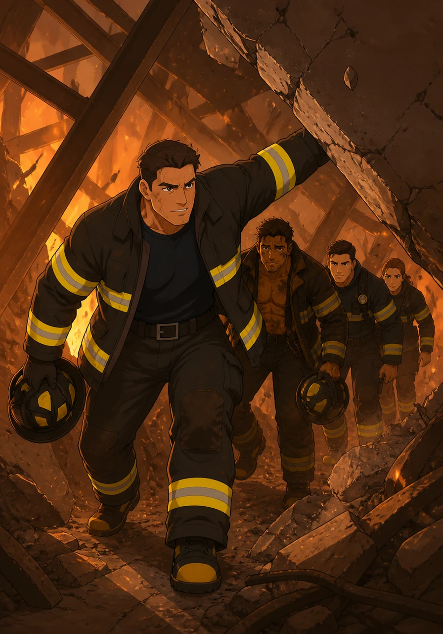 Jaxson leads the group through a treacherous path, shielding them from the intense heat with his own body. His bravery inspires the others to keep moving, even as the structure groans and shifts around them.