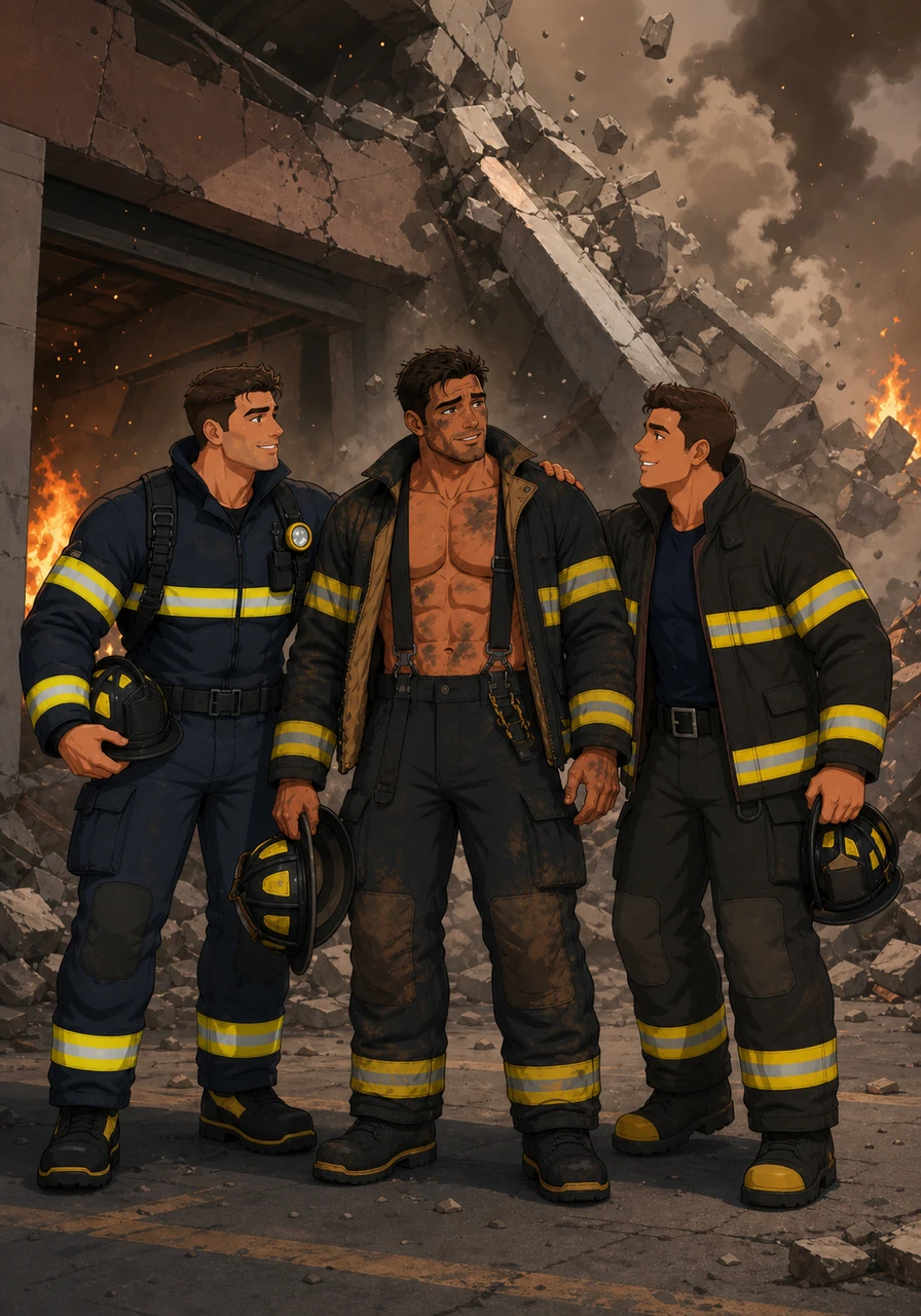 They burst through the exit just as a section of the building collapses, tumbling onto the safety of the pavement. Gasping for air, the men share a look of profound gratitude, knowing they owe their lives to Jaxson’s unwavering courage.