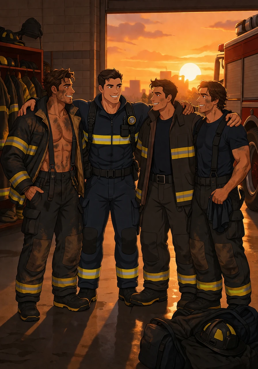 Back at the station, the sun sets as the tired but victorious heroes recover together. Jaxson stands among his brothers-in-arms, a symbol of strength and love, proving that true heroism is found in the bonds we share and the lives we protect.