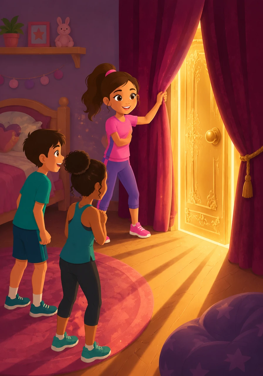 Lila pulls back a heavy velvet curtain to reveal a shimmering golden door hidden in the corner of her bedroom. The door pulses with a soft light, casting long, magical shadows across the floor and inviting her to step inside.