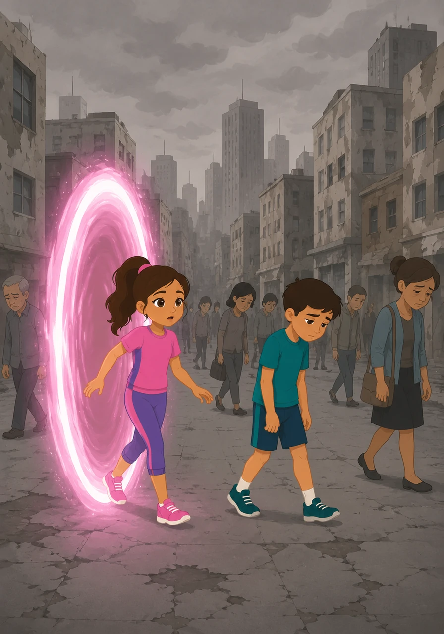Stepping through the portal, Lila enters a sprawling city where the sky is a dull gray and the buildings look like they have lost their paint. The people walk with heavy steps and lowered heads, their faces clouded with exhaustion and sadness.