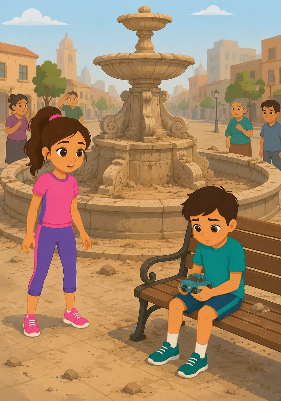 In the heart of the city, Lila finds a grand fountain that has run dry, its stone carvings covered in thick dust. She sees a young boy resting on a nearby bench, looking at his toy with a sad, tired sigh as if he has no energy left to play.