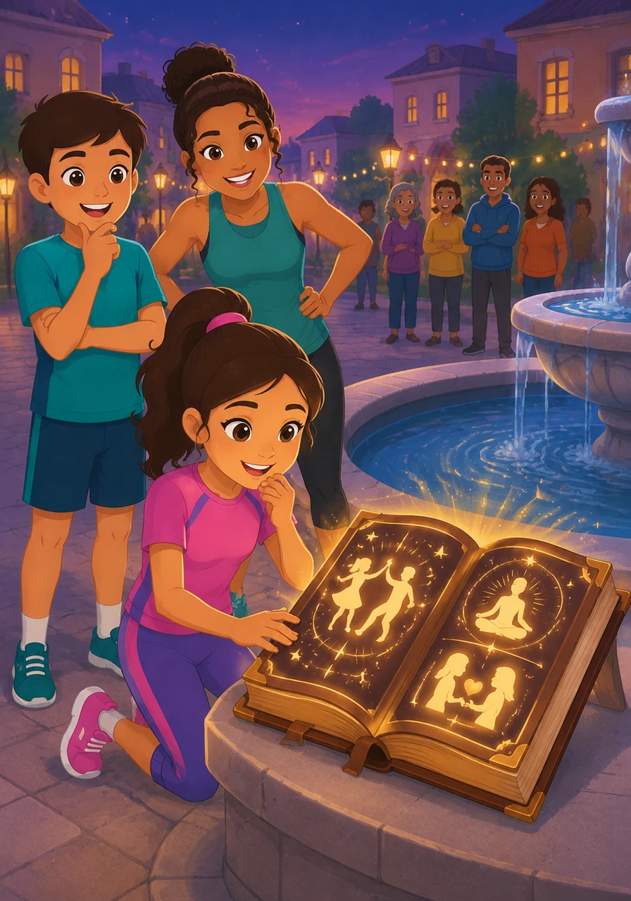 Lila discovers a leather-bound book resting on the fountain's edge, its pages filled with glowing illustrations of dancing and starlight. The book explains that the city’s heart beats faster when people move their bodies, rest their minds, and speak with kindness.