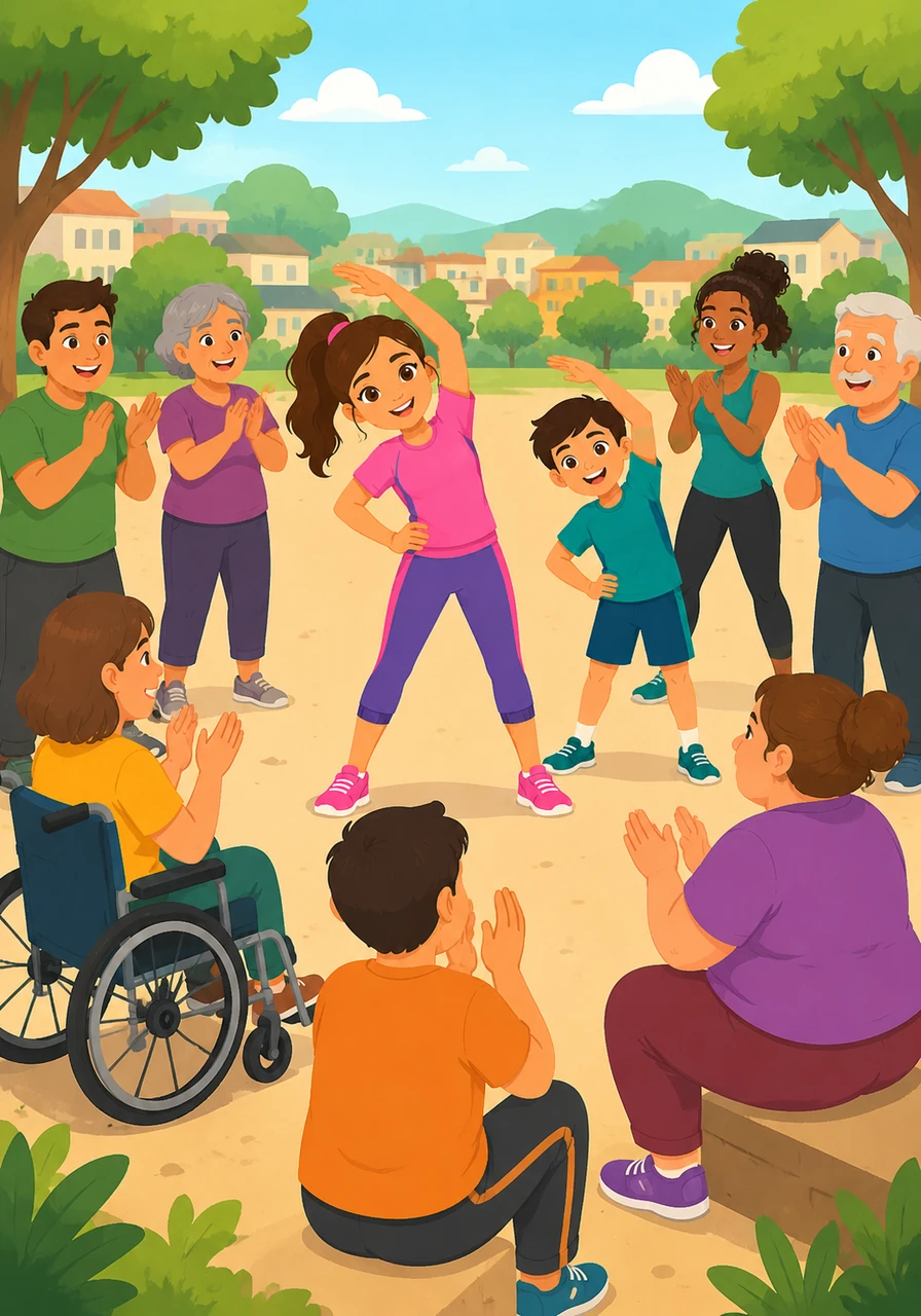 She gathers the citizens and starts a rhythmic game, showing them how to stretch and move in ways that feel good for their unique bodies and abilities. Slowly, the heavy silence is replaced by the sound of rhythmic clapping and gentle, happy movement.