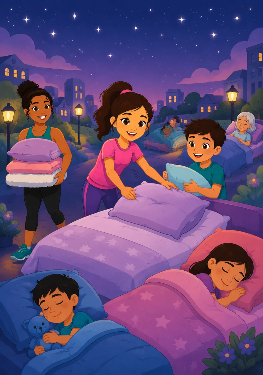 As evening falls, Lila teaches the importance of deep, restorative sleep by helping everyone create the softest, most peaceful beds imaginable. The city grows quiet and calm as everyone drifts into a world of healing dreams under a blanket of stars.