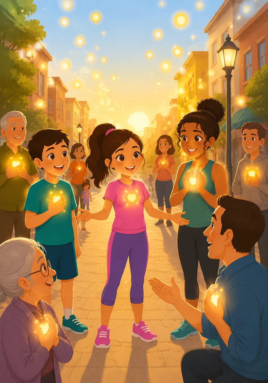 The next morning, Lila encourages everyone to share words of hope and encouragement with one another. As they speak kindly, tiny glowing orbs of light begin to float up from their hearts, lighting up the streets with a warm and friendly glow.