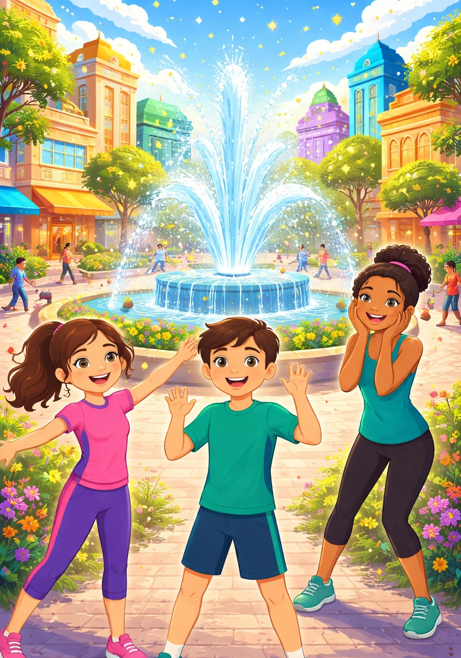 Suddenly, a wave of vibrant color washes over the city, turning the gray walls into brilliant shades of emerald, sapphire, and gold. The central fountain bursts into life, spraying sparkling, crystal-clear water high into the air as the city’s energy returns.