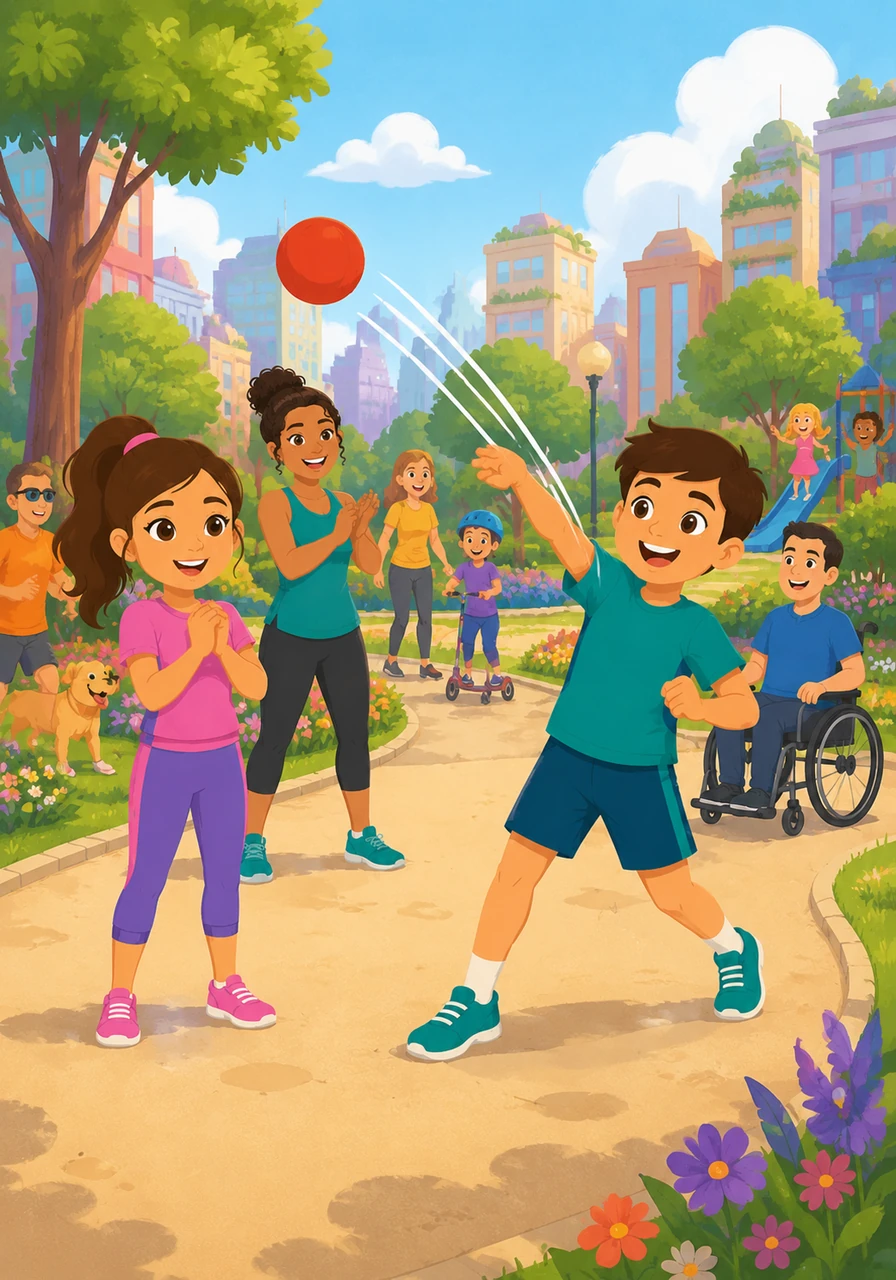 The city is transformed into a vibrant paradise where everyone, regardless of their pace or physical ability, is smiling and playing together. Lila watches as the boy from the bench finally throws his ball, his face beaming with newfound energy and strength.