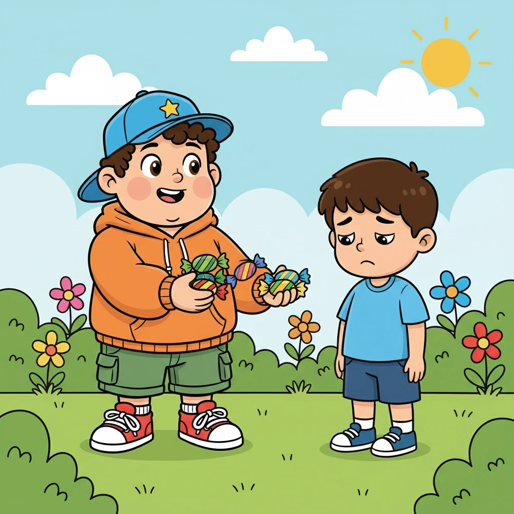 Hamzah melihat Harzan yang tampak murung. Ia teringat akan nasihat ibunya untuk selalu berbagi. Dengan senyum lebar, Hamzah menawarkan permen-permennya kepada Harzan.