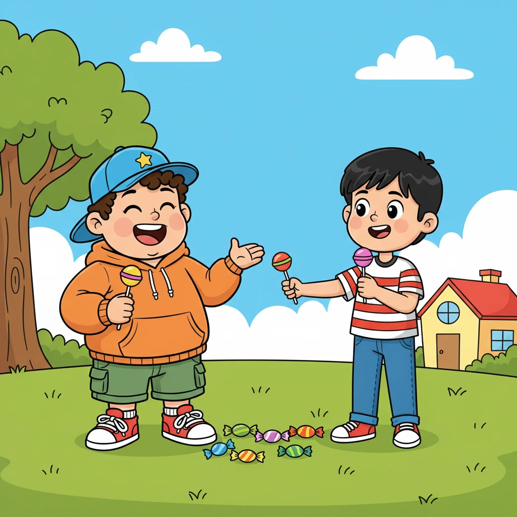 Harzan terkejut, namun segera menerima tawaran Hamzah dengan senang hati. Mereka berdua menikmati permen bersama, sambil tertawa riang. Hamzah merasa sangat bahagia karena telah berbagi.