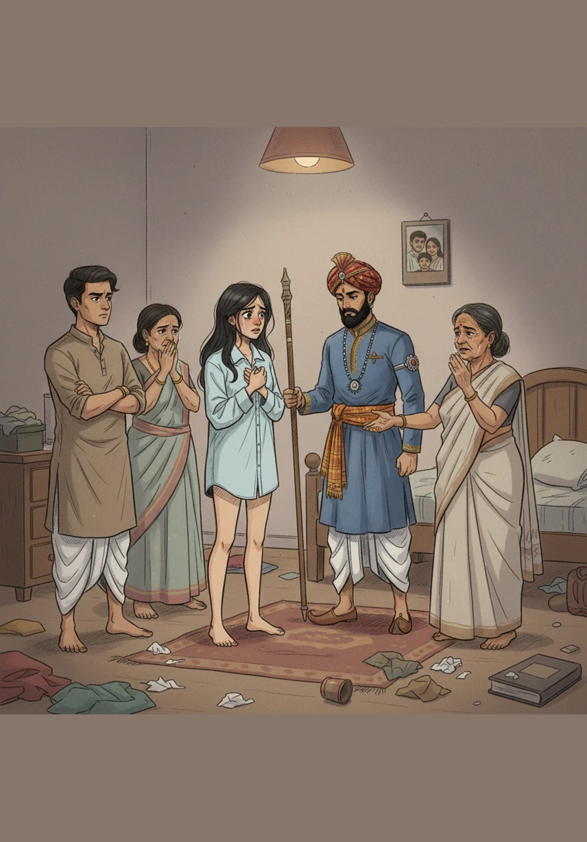 Didi sa, the wise grandmother, gently intervenes to calm the angry parents and tells Umair bitwa to take Rida bitya up to his room so they can both freshen up. The tension in the room begins to dissipate under Didi sa’s authority, though Rida continues to cry silently in her confusion.