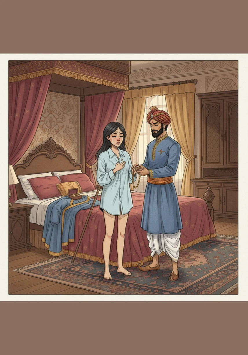 Inside the master bedroom, Umair notices that Rida has none of her clothes or belongings with her due to the sudden move. He briefly tells her she can wear something of his, and Rida finds herself drowning in one of his large, crisp shirts, the scent of him overwhelming her senses.