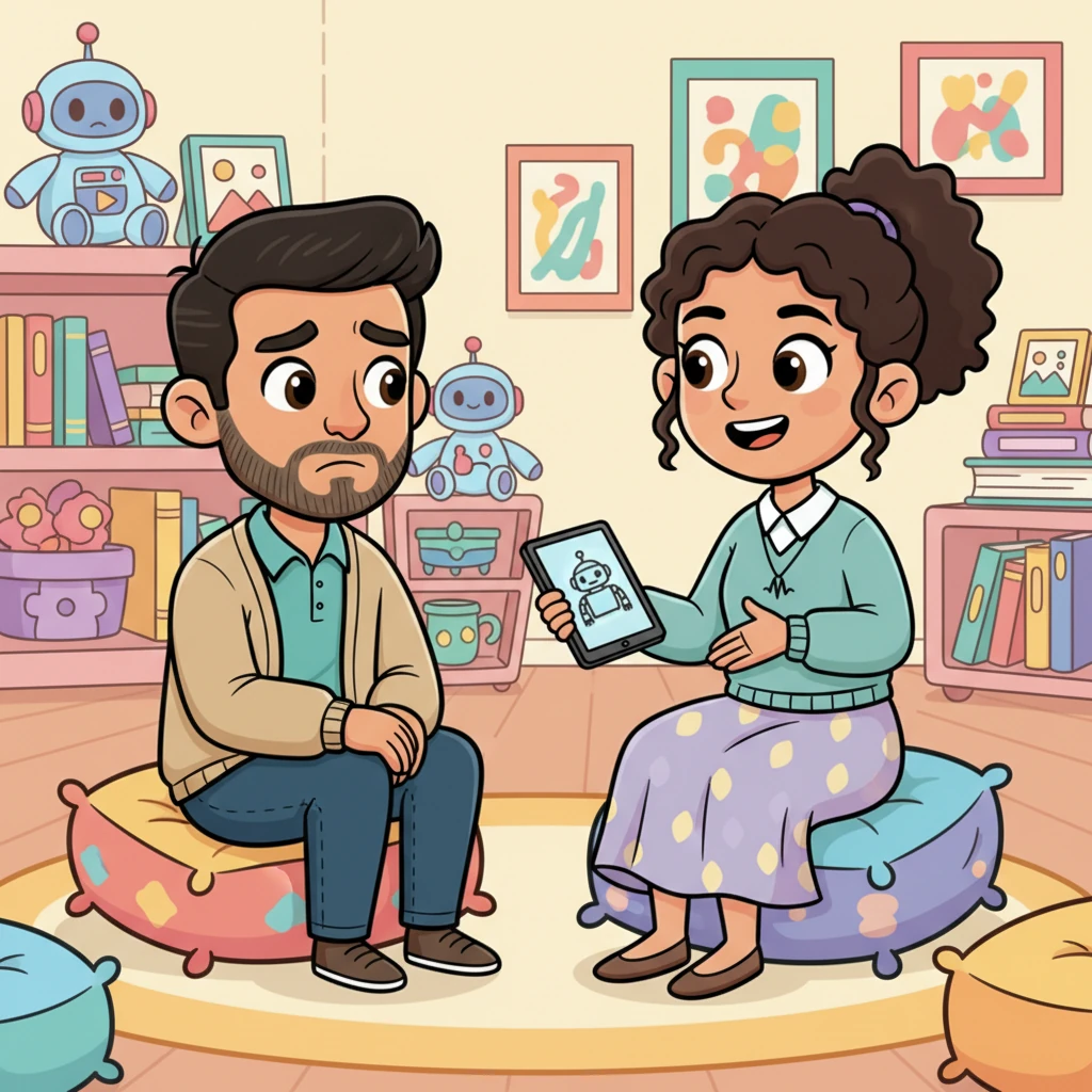 Arthur sits in Dr. Lena's brightly colored office, a thoughtful frown on his face. He's trying to find new ways to connect with his adult son, Leo, who has autism, and often struggles with communication. Dr. Lena, with a warm, encouraging smile, gestures towards a sleek tablet, proposing a fresh, exciting idea to bridge the gap.