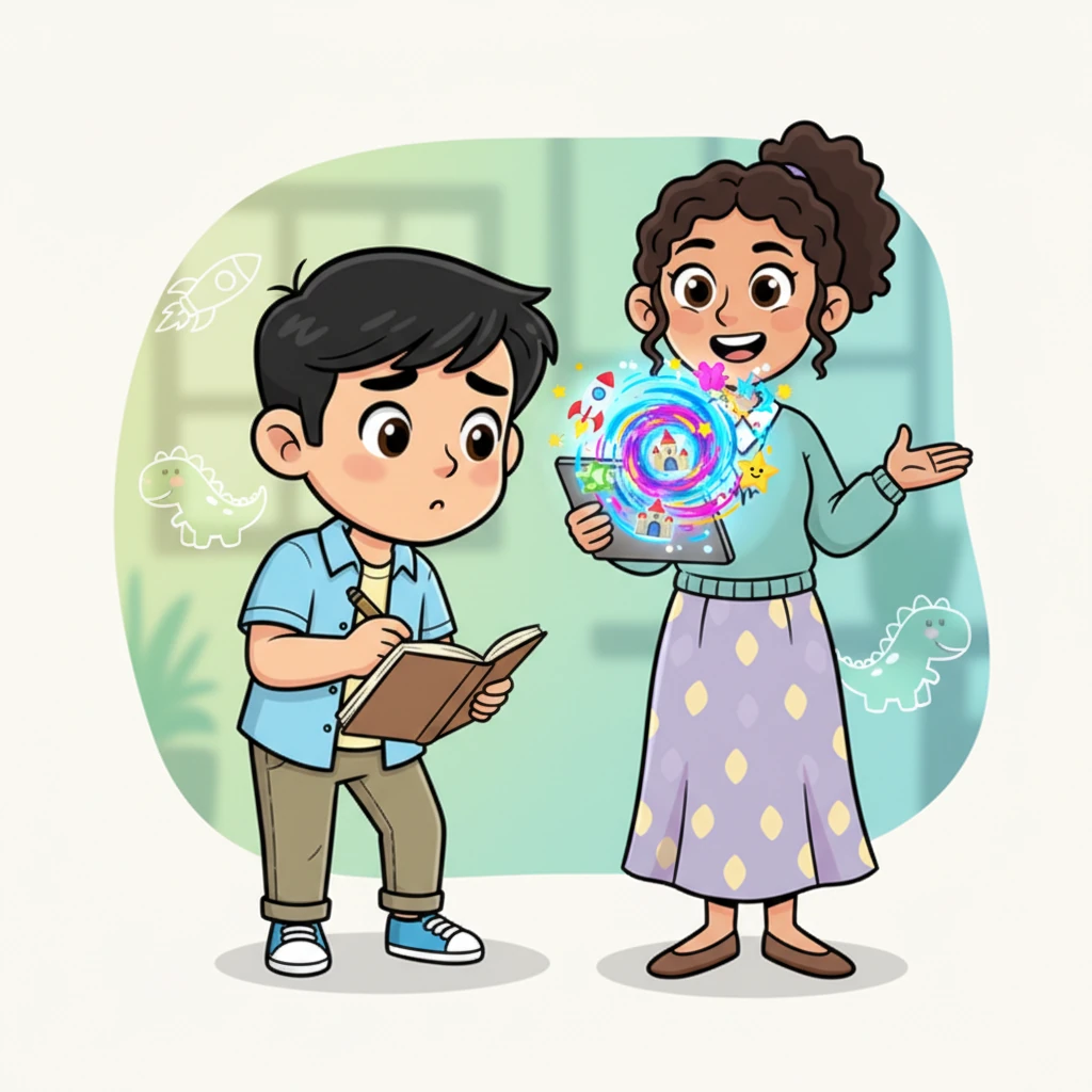 Dr. Lena explains the "Story Spark AI" app on the tablet, its screen glowing with playful icons and swirling colors. Arthur leans forward, a mix of skepticism and hope on his expressive face, as he considers this novel approach. They begin to brainstorm, imagining a world filled with Leo's favorite things, like rockets and friendly dinosaurs.