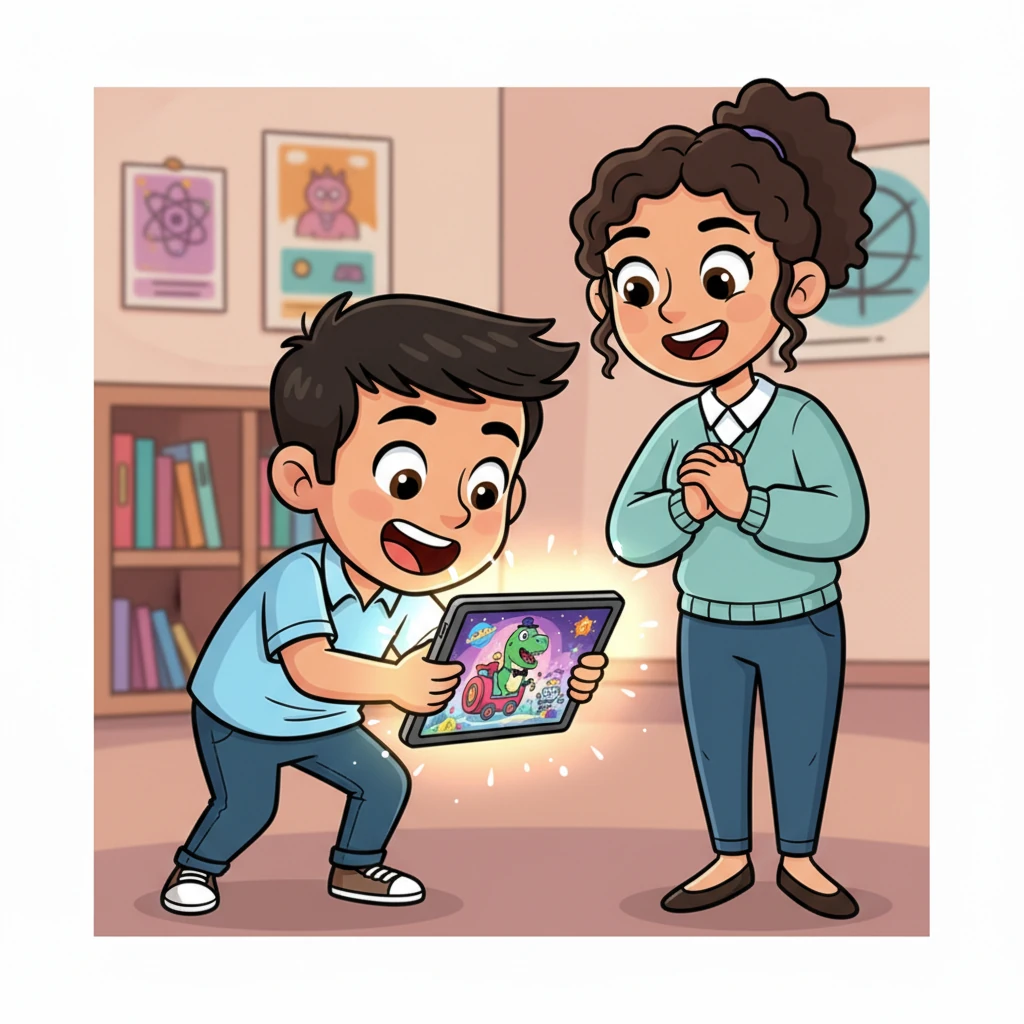 Arthur, now more animated, types excitedly into the tablet as Dr. Lena watches with a proud grin, her hands clasped encouragingly. The AI's interface visually transforms their words into quirky characters and fantastical settings, like a train that flies through space with a dinosaur conductor. The room buzzes with creative energy as their unique story comes vividly alive.