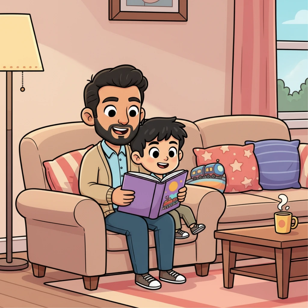 Later, in a cozy living room adorned with soft pillows, Arthur reads aloud from the newly printed storybook to Leo, who sits beside him, completely engrossed. Leo's eyes, wide with wonder, follow the vibrant illustrations of a space-train adventure, captivated by every page. A gentle, joyful smile spreads across Leo's face, a precious and rare sight for Arthur.