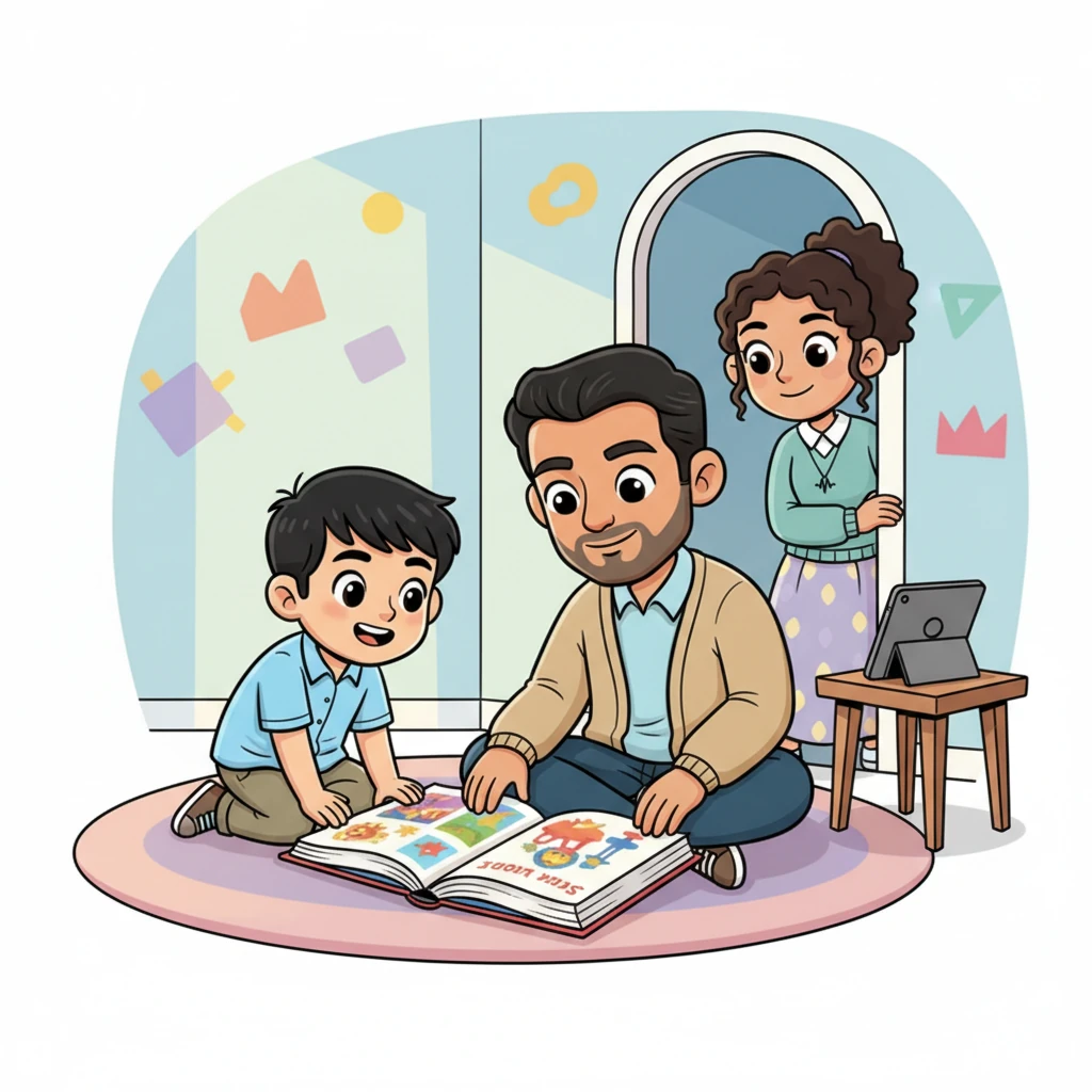 Arthur and Leo share a quiet, comfortable moment, the whimsical storybook resting between them like a newly forged bridge. Dr. Lena, peeking in from the doorway, offers a discreet, knowing smile, her heart warmed by their connection. The "Story Spark AI" tablet sits on a nearby table, a silent testament to the power of technology, creativity, and enduring love.