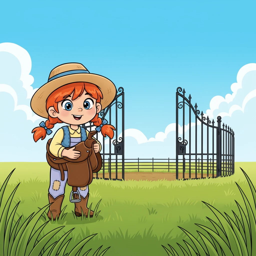 Clara, a girl with fiery red pigtails, tiptoed through the tall grass, a worn leather saddle held carefully in her arms. Her eyes sparkled with a mix of determination and a little bit of wonder. Ahead, two imposing iron gates stood guard, creating a makeshift pen in the vast, green meadow.