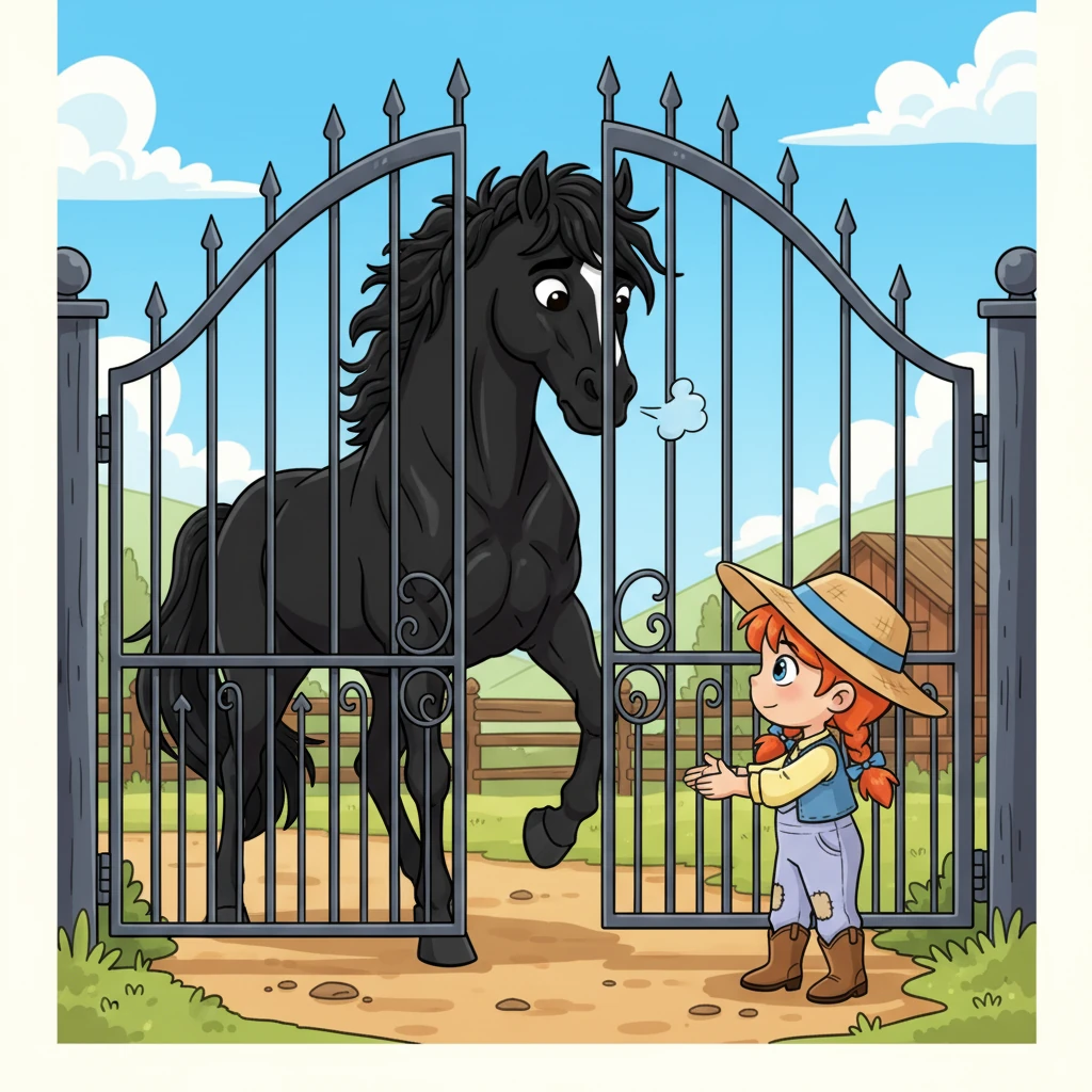 Trapped within the sturdy iron gates was a breathtaking black stallion, its coat shimmering like polished obsidian in the sunlight. Its powerful muscles rippled beneath its sleek hide, and its dark eyes held a wild, untamed spark. It tossed its magnificent mane, snorting softly as it eyed the approaching girl with caution.