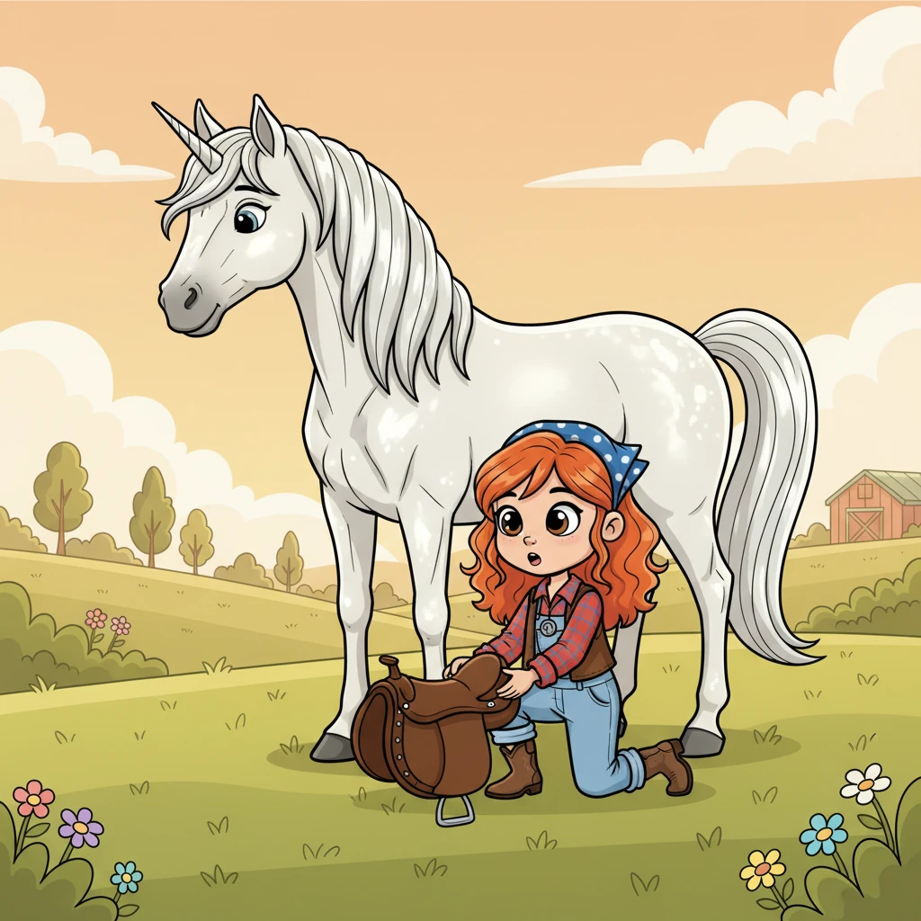 Clara stopped a safe distance away, her voice a gentle murmur in the quiet air. "Hello there, magnificent one," she whispered, her words soft and reassuring. She slowly lowered the saddle to the ground, showing she meant no harm, her gaze steady and kind.