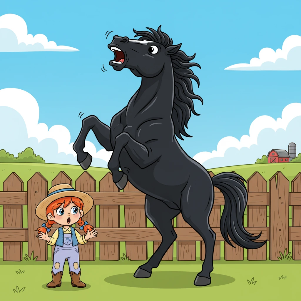 The stallion, startled by her voice, whinnied loudly and reared on its hind legs, its hooves pawing at the air. It backed away quickly, pressing itself against the far gate, its eyes wide with apprehension. Its wild spirit was clear, wary of any human touch.