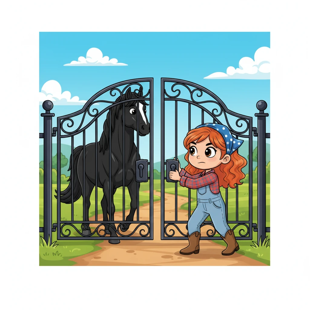 Clara then walked towards one of the heavy iron gates, her heart thumping with excitement. With a grunt, she unlatched it, pushing it open just wide enough for the stallion to step through. She looked at the horse, a silent invitation in her eyes.