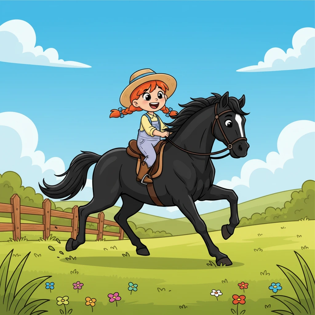 With a graceful leap, the black stallion galloped out of the pen and into the open meadow, Clara joyfully riding on its back. The wind whipped through her red hair as they raced across the sun-drenched fields, a symbol of newfound freedom and an unbreakable friendship.