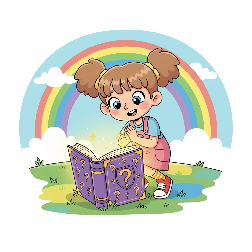 Little Pip, with their bright, wide eyes, stumbled upon a most unusual book nestled beneath a shimmering rainbow. Its cover sparkled with tiny question marks, inviting Pip closer. A soft, warm glow pulsed from its pages, hinting at wonders within.